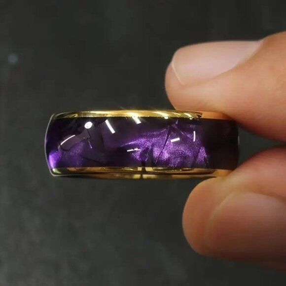 Set of 6 Modern Wood & Stone Inlaid Titanium Steel Ring - Simple Style, Size 9. - Picture 5 of 6